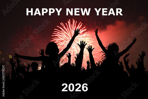 New Year's Eve 2026 celebration, illustration with silhouettes of people celebrating and fireworks in the background