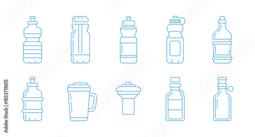 Collection of water bottle shapes, featuring a sleek line design vector illustration, separated