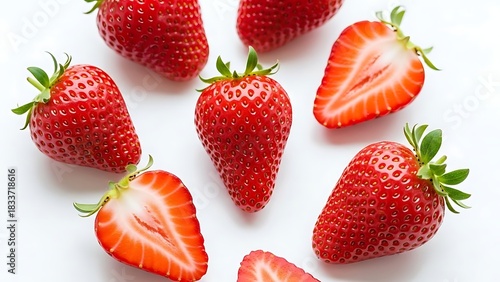 Fresh Red Strawberries Scattered on Clean White Background