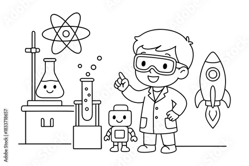 Happy Boy Scientist with Robot, Rocket, and Chemistry Lab Equipment
