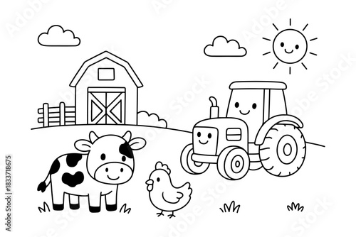 Cute Cartoon Farm Animals, Tractor, and Barn Scene for Coloring