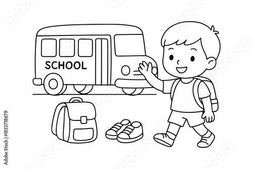 Happy Boy Waving Goodbye to School Bus with Backpack and Shoes Nearby