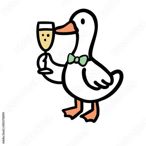 Funny cartoon geese celebrating New Year 2026. Vector illustration set of cute birds wearing party hats, holding sparklers, champagne, and clock. Isolated holiday characters.