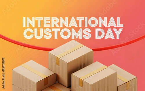 International customs day celebration with cardboard boxes and red ribbon