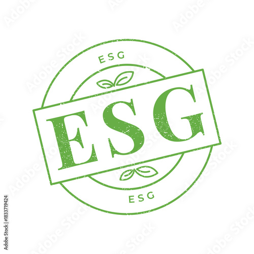 ESG environmental social governance green grunge rubber stamp text on white