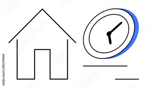 Work-life balance, productivity, time management, remote work, homebound lifestyle, efficiency. Minimalist design showing a house outline and a clock. Work-life balance and productivity concepts