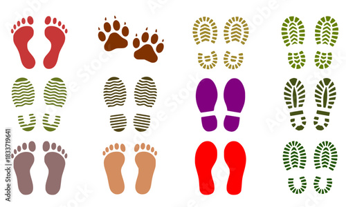 Footprint and Tracks Vector Icon Set: Human Bare Feet, Animal Paw Prints, and Shoe Treads Collection for Navigation and Trails