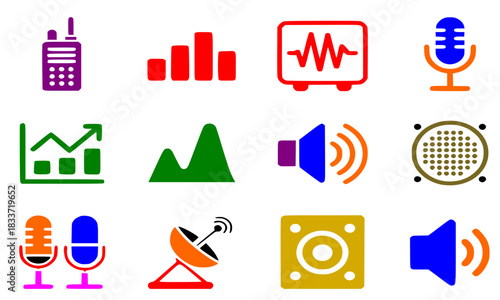 Audio, Signal, and Communication Vector Icon Set: Microphone, Radio, Speaker, and Data Transmission Symbols Collection