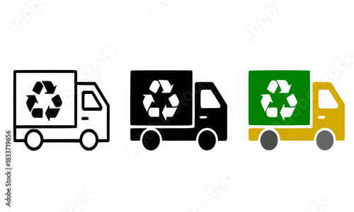 Recycling Truck Icon Set in Three Styles: Line, Solid, and Color Vector Illustration for Waste Management and Eco-Transport