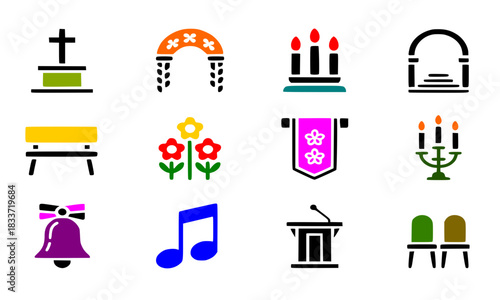 Colorful Event and Ceremony Vector Icons Set: Funeral, Wedding, Church, and Memorial Symbols Collection