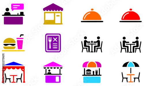 Restaurant and Food Service Vector Icon Set: Dining, Ordering, Menu, Fast Food, and Outdoor Seating Symbols in Bright Colors