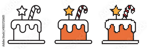 Festive Christmas cake icon set with editable stroke, colorful style and retro pixel art. Vector illustration