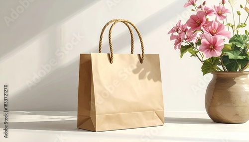 and keyword list based on the image

 Paper shopping bag stands next to vase with flowers on white surface, indoor