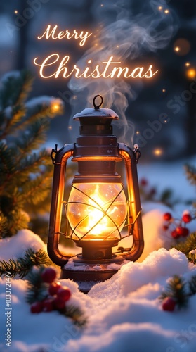 Merry Christmas glowing lantern with festive decorations, pine branches, berries and bokeh lights in snowy winter evening scene