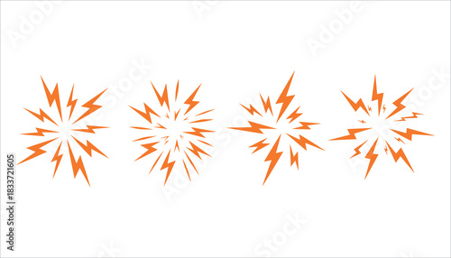 Four orange lightning bolt bursts radiating from a central point on a white background explosion energy