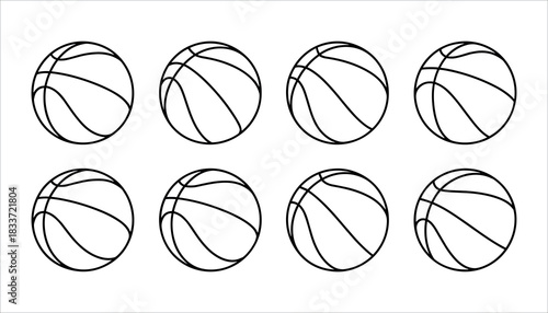 Eight black outline basketballs arranged in two rows on a white background sport game