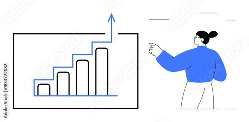 Business development, data analysis, progress tracking, financial strategy, economic growth, team performance. Graph with rising bars and upward arrow, person pointing. Business development and data