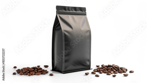 Black coffee bag with roasted coffee beans on a white background