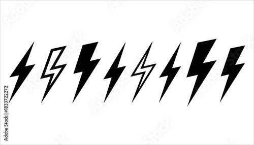 Collection of Black Lightning Bolt Icons on White Background thunderbolt electricity