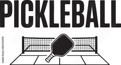 Black and White Illustration of Pickleball Text with Paddle and Court Design