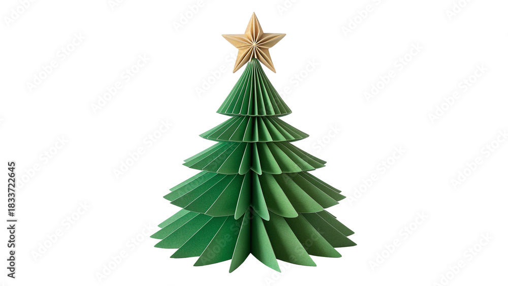 Obraz premium Green Paper Christmas Tree with Gold Stars Isolated on Transparent Background