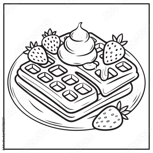 Cute Waffle and Strawberry Food Coloring Page – Black and White Line Art Vector for Kids and Adult Coloring Book