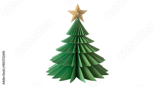Green Paper Christmas Tree with Gold Stars Isolated on Transparent Background