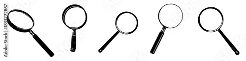 Black and White Magnifying Glass Vector Ideal for search, zoom, inspection, and simple focus graphics. Symbolizes simple search, discovery, and detailed inspection.