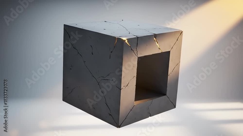 Abstract Concrete Cube with Cracks and Light Beam in Minimalist Setting.