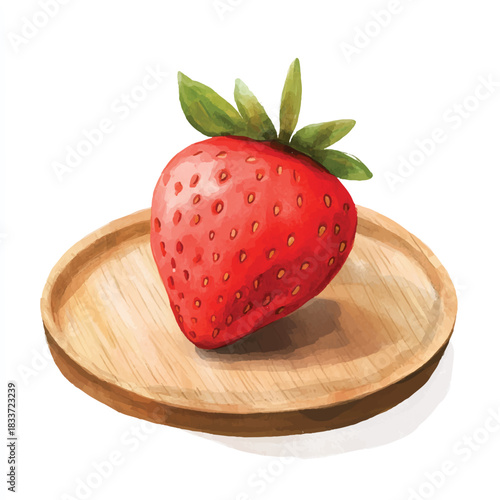 single ripe red strawberry on wooden plate.