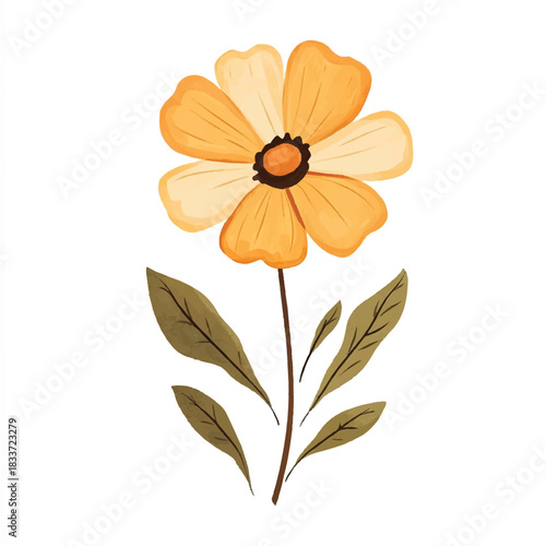 Single yellow flower with green leaves on a white background.