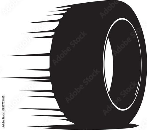 Black silhouette of a fast moving car tire with motion blur effect