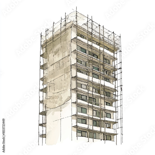 Sketched highrise building under construction with scaffolding and safety netting.