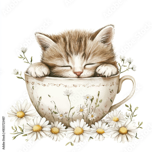 Sleepy Kitten in Teacup Surrounded by Daisies A Whimsical Watercolor Illustration.