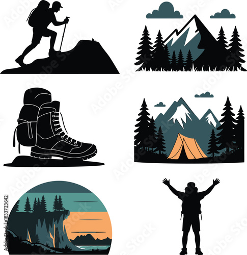 Set of hiking and camping design elements with mountains and forest and backpack boot