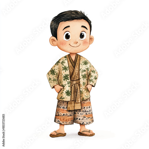 Smiling boy in traditional Indonesian clothing illustration.