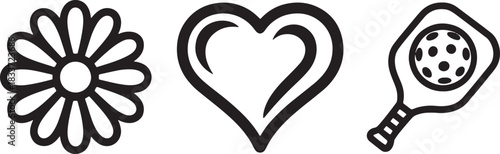 Set of outdoor activities and hobbies icons flower heart and paddle in black
