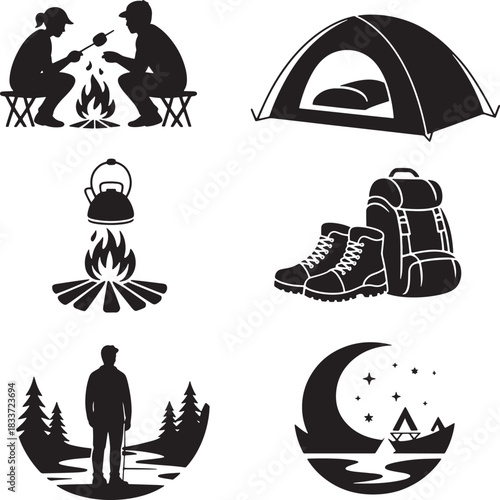 Set of hiking, and camping element vector illustration on transparent backdrop