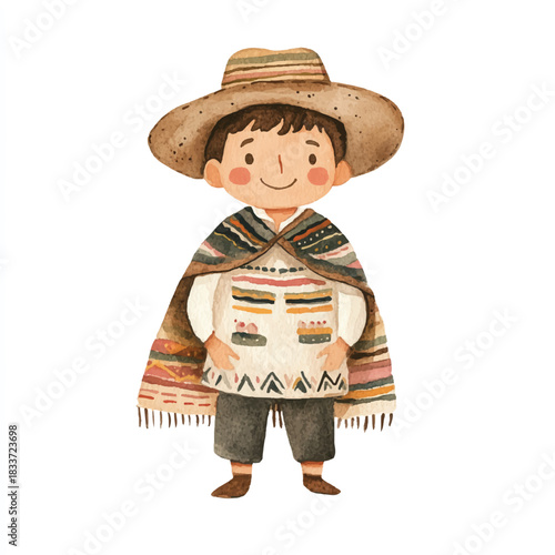 Smiling boy in traditional South American clothing illustration child happy cheerful cultural attire.