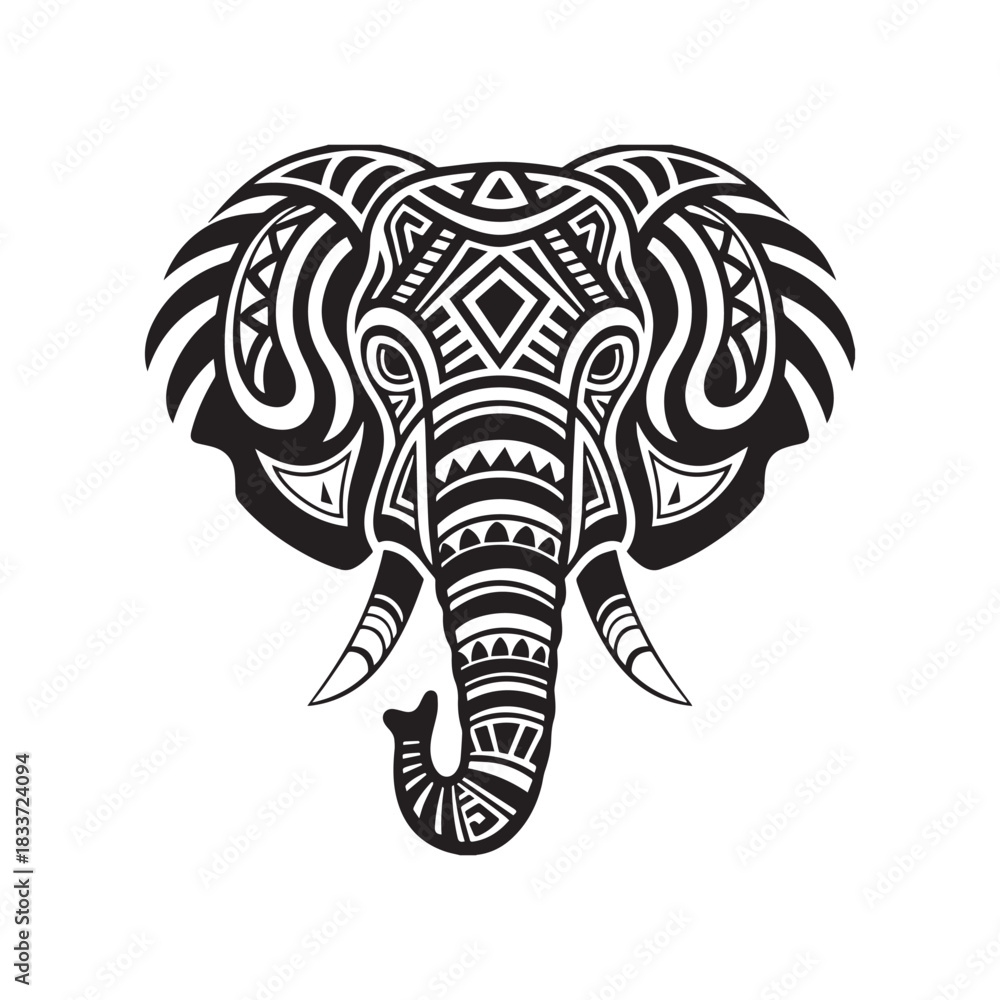 Obraz premium Silhouette Elephant Head in Tribal Tattoo Style with Detailed Geometric Patterns.