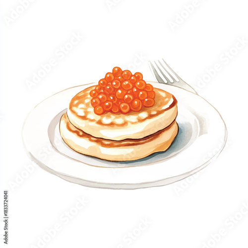 Stack of Blinis Topped with Red Caviar on a White Plate.