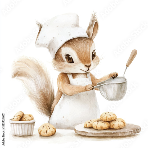 Squirrel Chef Baking Cookies with Hat and Apron.