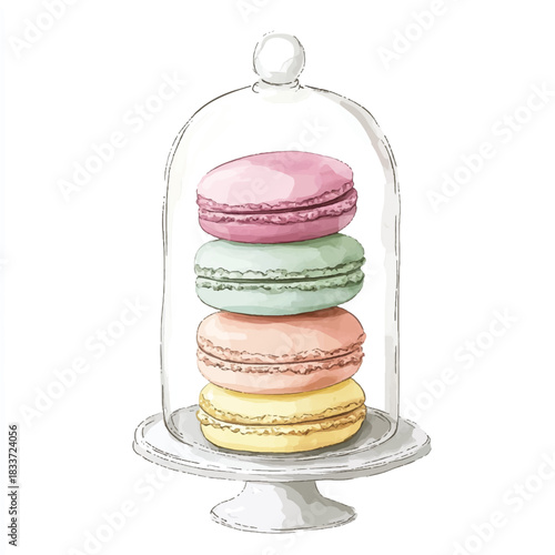 Stack of Colorful Macarons in a Glass Dome on a White Cake Stand.