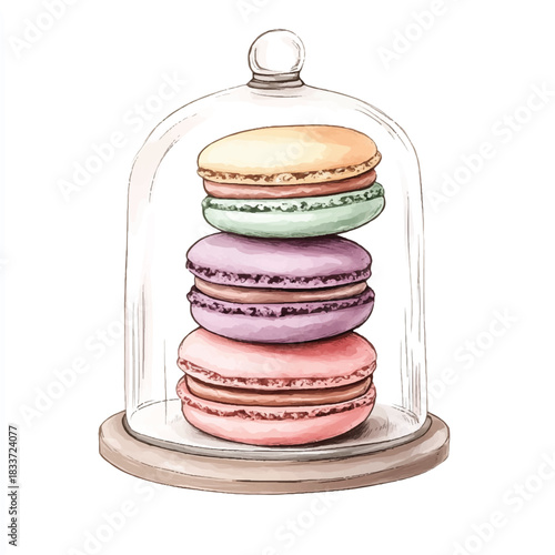 Stack of colorful macarons under a glass dome on a wooden base.