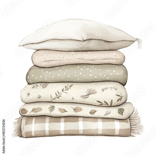 Stack of Cozy Bedding and Pillows with Autumnal Patterns.