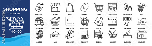 Shopping icon set collection. Icon pack contains cart, bag, store, buy, checkout, payment, discount, price, coupon, product, order, delivery, purchase, market, retail, cashier