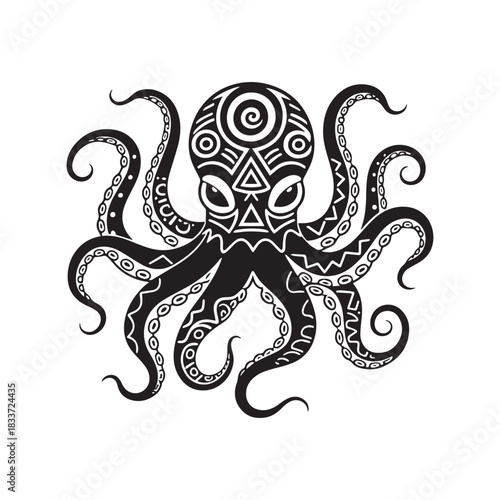  Silhouette Octopus Tattoo Design with Swirling Tentacles and Geometric Patterns.