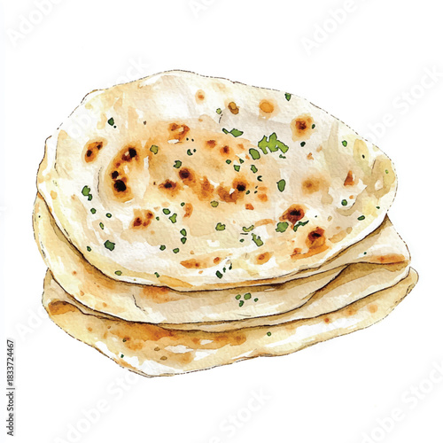 Stack of freshly baked Indian naan bread with herbs sprinkled on top.