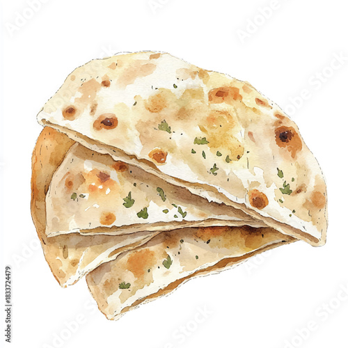 Stack of freshly baked naan bread with herbs and spices.