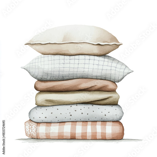Stack of neatly folded bedding and pillows.